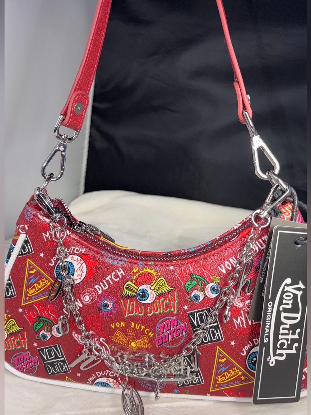 NWT Von Dutch Red Jax Graphic Shoulder Bag Y2K Logo Chain Charm Purse
